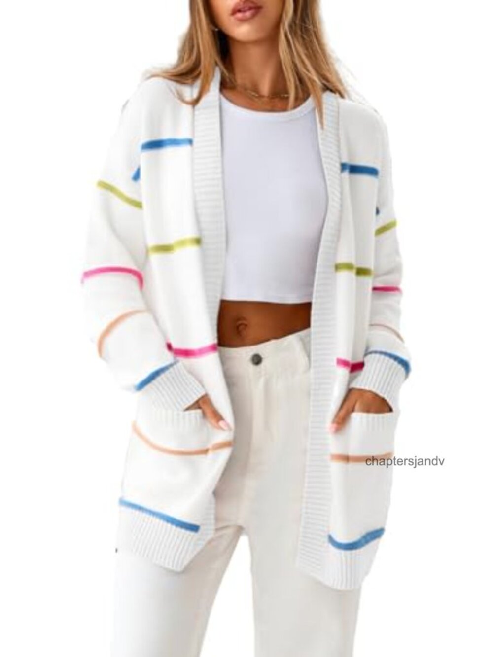 Open Front Striped Cardigan Sweater Long Sleeve Lightweight Pockets
